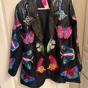 Fun, festive QUEEN OF SPARKLES Black Sequin Blazer with Multicolor Butterflies